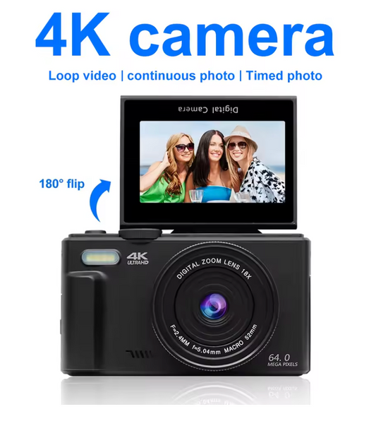 Vellory 4K Vlogging Camera — 64MP Digital Cam with 18X Zoom, 180° Flip Screen & Flash for YouTube, Travel & Photography